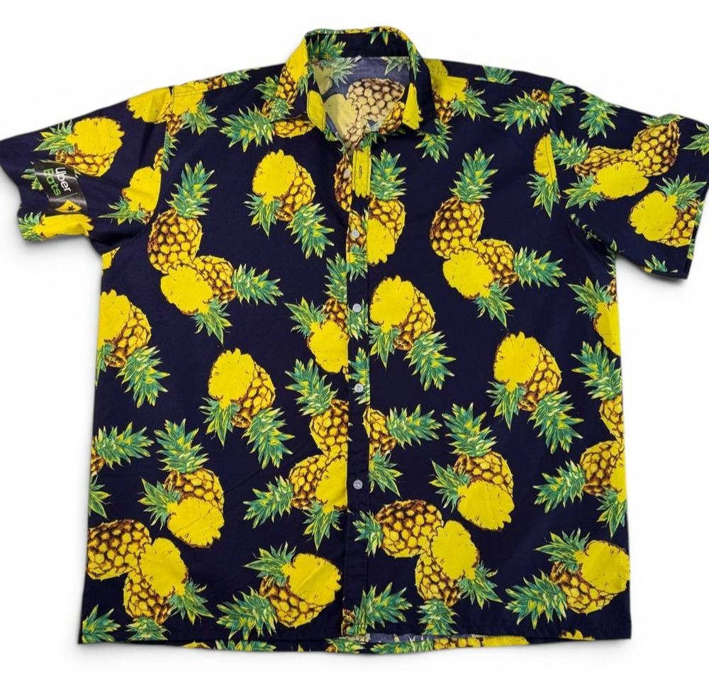 Pineapple Print Hawaiian Shirt Navy Yellow Button Front Short Sleeve 2XL